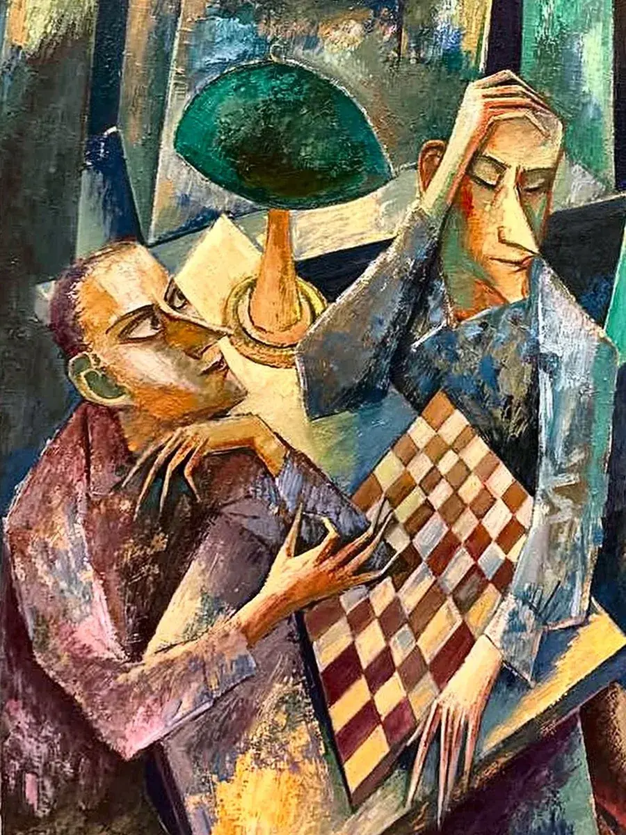 Detail of a painting by Iwan Kulik: two players at a chessboard under a lamp, one holding his head