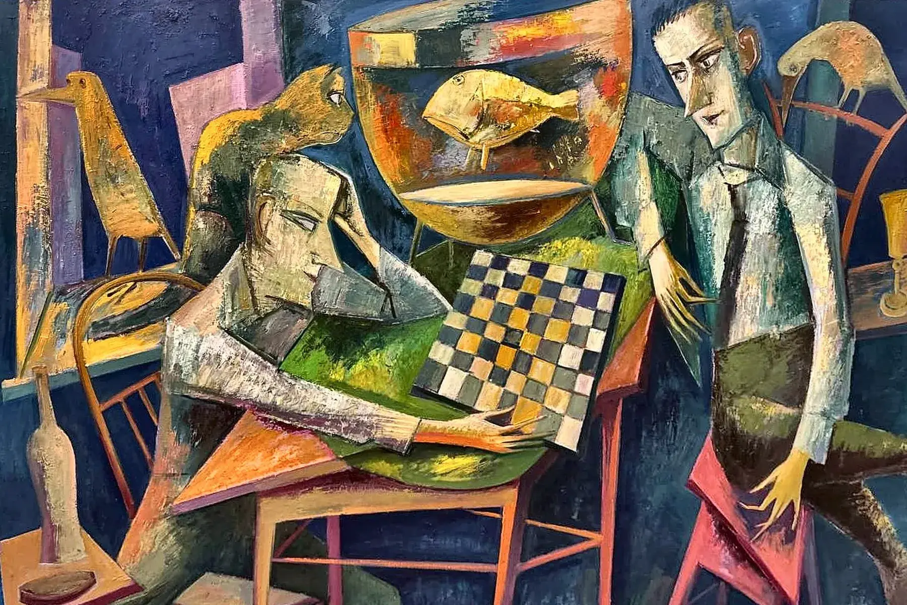 Detail of a painting by Iwan Kulik: two players at a chessboard, a fish in a bowl, a cat and birds